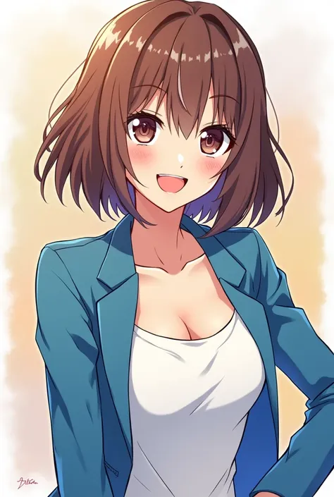 An anime woman with brown hair wearing a blue jacket and white socks or shoes
