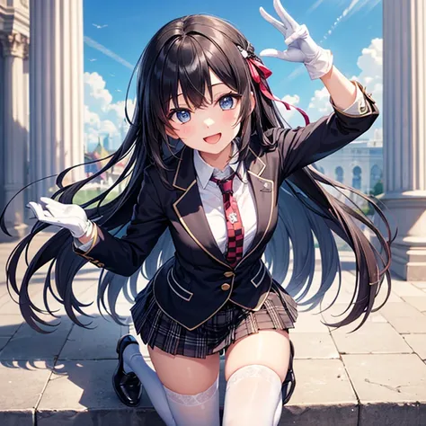 (Best Quality),One girl,smile、Open your mouth、Long Black Hair、Small breasts、blazer、Normal necktie、Checkered mini skirt、White gloves、White knee socks with lines、Small ribbon、Stand with one arm raised、Palace and clear sky