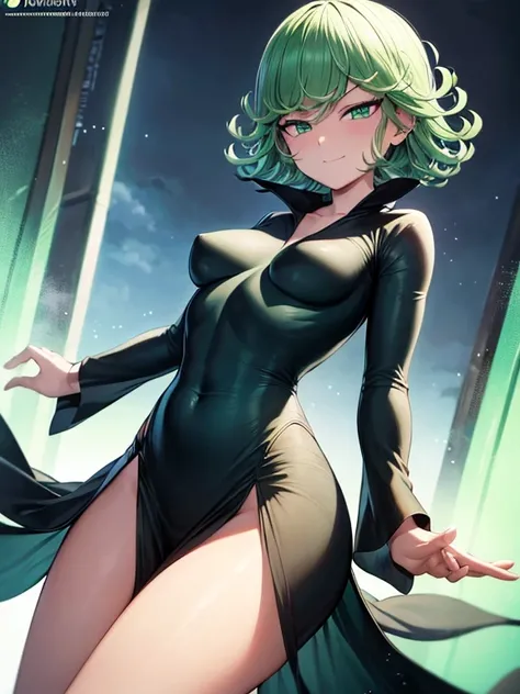 Masterpiece, Best Quality, Ultra Detailed, Illustration, Epic Lighting, Cinematic Composition, 1 Girl, Tatsumaki, Short Hair, Green Hair, Very Small Breasts, Green Eyes, Glowing Eyes, smiling, blushing embaraced face, Closed Mouth, Piercing Gaze, Full Body