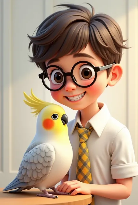 A white kid with glasses and brown eyes, short, almost shaved hair, and yellow and gray checkered tie,  white blouse, smiling. With a cockatiel 