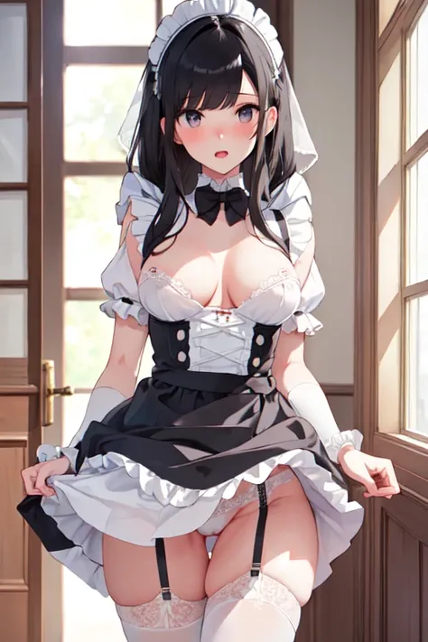 (((masterpiece, Best Quality, Perfect Anatomy,Natural Light))),Cute one,  Large Breasts, Long black hair,Sophisticated, Shiny Hair, Bright detailed grey eyes,Thin lips,Half-open mouth,blush, Embarrassed look,A small face and a beautiful body with an 8-head...