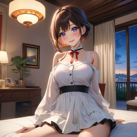 (8k, RAW photo, best quality, master:1.2), (realistic, photo-realistic:1.37), ultra detailed, 1 girl, cute, solo, beautiful detailed sky, detailed face, night, sitting, dating, (blushing), (smile: 1.1), (shut up), big breasts, beautiful delicate eyes, butt...