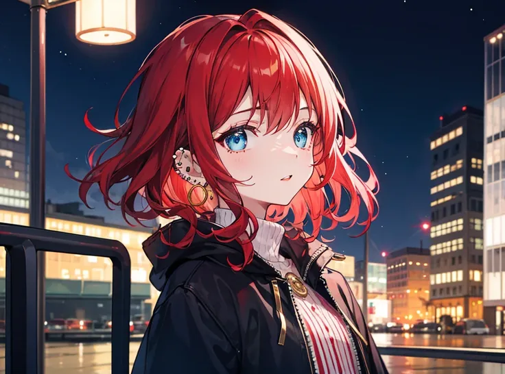 a red-haired girl, with medium length slightly curly hair, with blue eyes, small gold hoop piercing in the nose and right ear, in a well-lit city at night