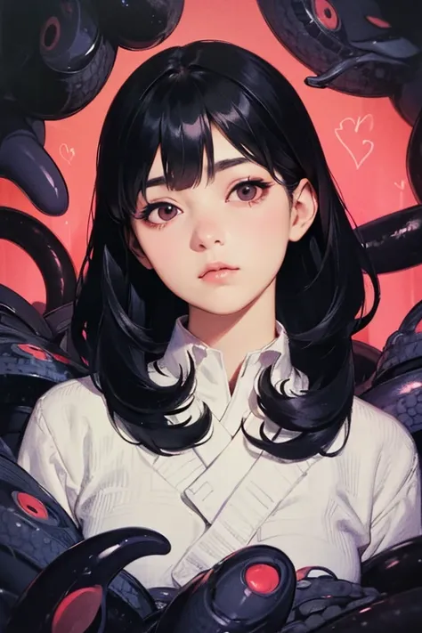 ((Best Quality)), ((masterpiece)), (detailed), Japanese,Young Girl,Front face,Dark Eyes,Black Hair,Hime cut,Long tentacles wrapped around his face,Bust Shot,Looking at the camera,