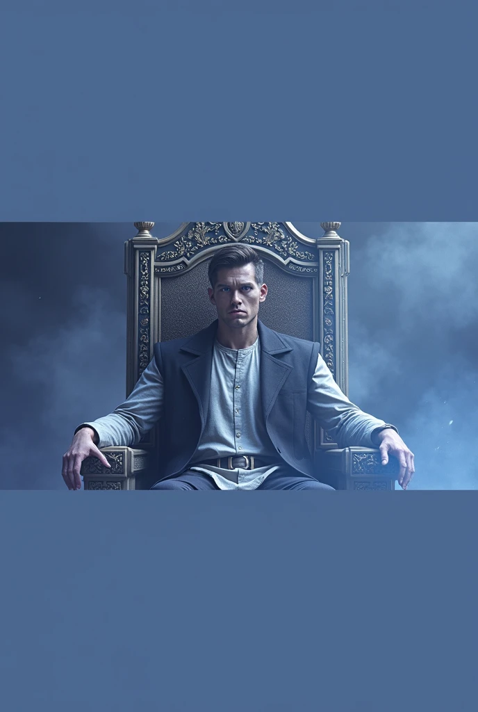 Make the epic picture of main character of solo living ,make it look real give him epic attitude,make him sitting on throne,his left eye is glowing blue