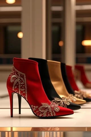 “Generate an image focused on luxury high heels, displayed in a modern boutique. The heels are elegant and high-end, in bold colors like red, black, and gold, with intricate designs, embellishments, and fine materials such as leather and satin. The shoes a...