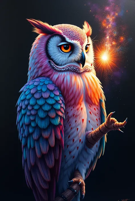 an award-winning masterpiece, a painting of a colorful owl on a black background,, breathtaking rendering, within a radiant connection, inspired by Kinuko Y. Craft,, magical elements, kitten icon, wow, is beautiful, casting a multi colorful spell, bright f...