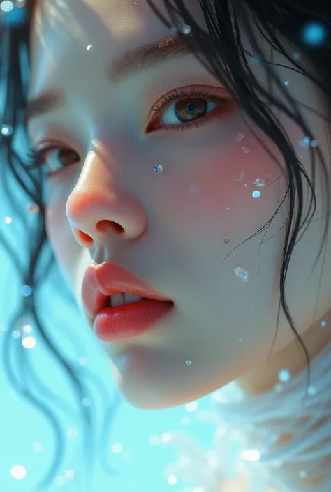 A hyper-realistic, close-up digital portrait of a woman with a plastic wrap loosely around her neck, her pearlescent, glossy skin glistening in soft light. Her skin appears almost transparent, with subtle crystalline reflections. The futuristic and etherea...