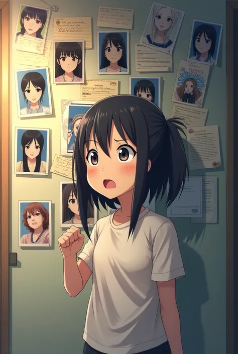 A girl shocked to see another girls photos on walls the wall is filled with letters photos and songs playing the girl is shocked 
Anime