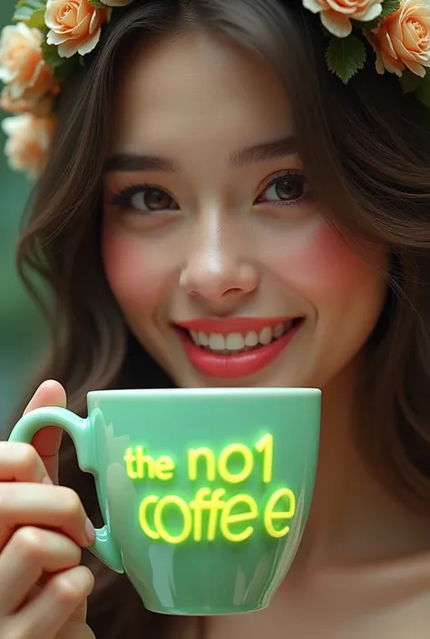 hyper realistic detail, close up of a very beautiful woman with a jade crystal coffee cup embossed with neon green and yellow letters "The No1 Coffee" and a wreath on her head, a beautiful smile showing off her sexy pink lips and super pretty white teeth, ...