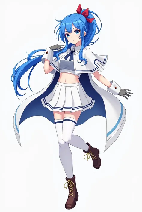 long hair, blue eyes, blue hair, hair ribbon, ponytail, ahoge, sidelocks, red ribbon,grey gloves, single glove, white wrist cuffs, school uniform, pleated skirt, midriff, capelet, white skirt, white crop top, thighhighs, brown footwear, boots, cross laced ...