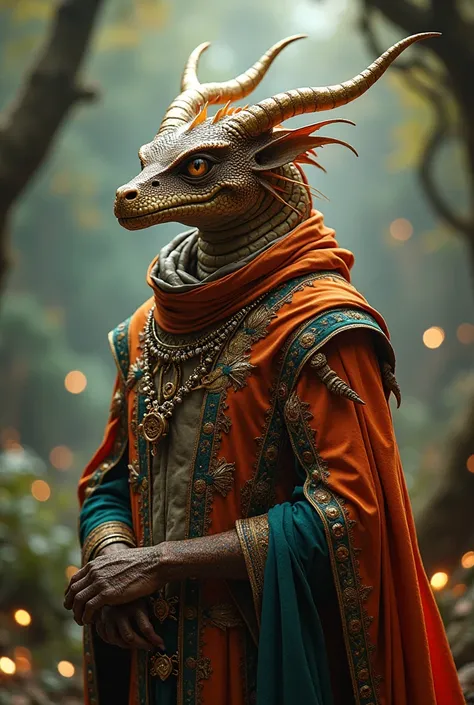 A draconic man with brass-colored skin ,with bard costume