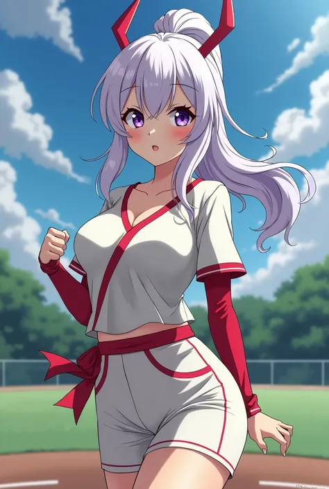 HD、Animation style、white hair 、Purple Eyes、girl、plump breasts 、High school student 、single ponytail、Baseball player、Light color short sleeve top、Long sleeve red underwear、Good shape、Thin、sash、Sky、cloud、sunny、Cycling、Navel exposed、dazzler、Breasts exposed、ni...