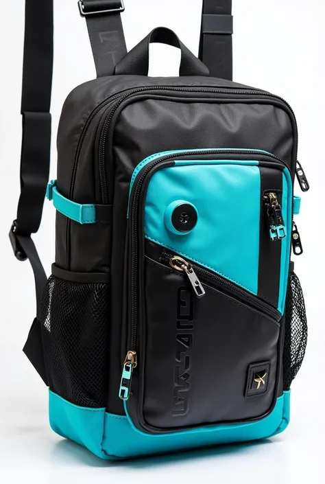 Shoulder bag, cyberpunk vibes. The strap is black and is wide, It is a rectangular bag measuring 35 cm wide and 25 cm long., The sides are 14 wide. On the front it has 2 pockets, The right pocket is 2 colors aquamarine blue and black and opens with a zippe...