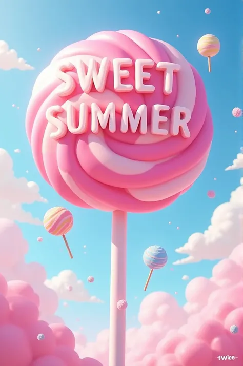 Uma imagem rosa de um pirulito e sol escrito Twice e Sweet Summer launches today at 10:00 pm e escrito Stick