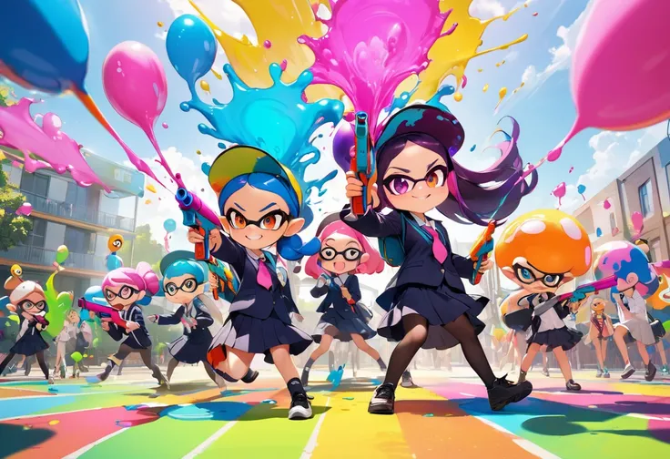 (masterpiece, best quality:1.1), popart, (many Inklings(from "Splatoon") are playing Splatoon pretend in school playground),wearing school uniforms, a lot of ink on their bodies,playing with paint on each other using water-gun and ink-gun,splattered ink,co...