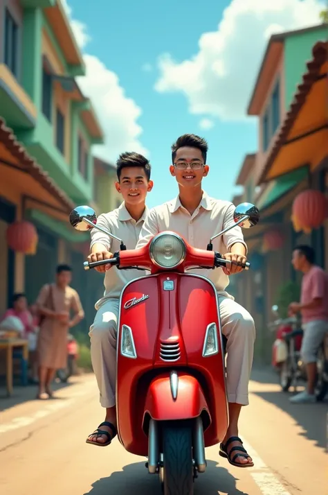 two men, 4, Indonesian, wearing white shirts and trousers, riding a red Vespa motorbike with plate 86, in the middle of a busy village.