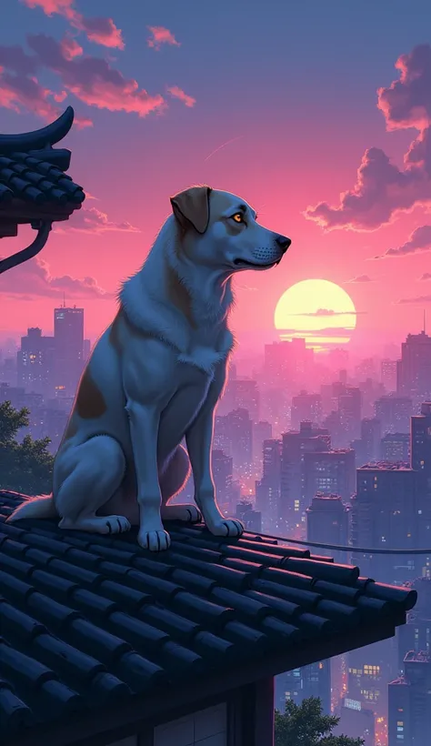 A lab dog, Japanese anime style sitting in the roof of a home ,Makoto Shinkai style  lofi artstyle, lofi aesthetic, lofi art, inspired by Liam Wong, lofi feel, in style of makoto shinkai, realism | beeple, ( ( makoto shinkai ) ), beeple style, inspired by ...