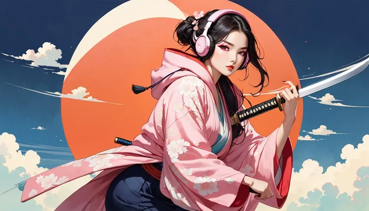 (((1 girl))), (((Flashy makeup))), (((Japanese style headphones))), (((Japanese PINK pattern hoodie))), (((Japanese sword))), (((Female samurai))), Japanese beautiful girl, BIG BREAST, BIG ASS,Black Hair, Delicate and precise, Modern ukiyo-e style, Japanes...