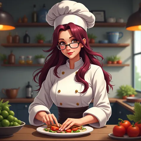 cook, with long wine hair, wearing glasses and a chef&#39;s hat