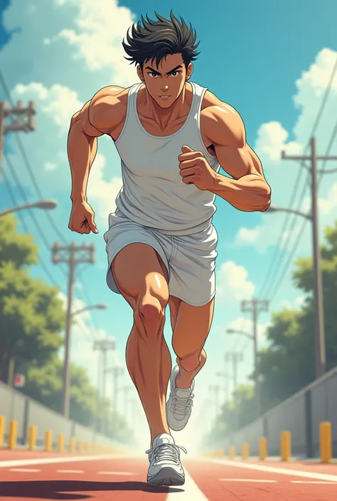 A man in a white gym suit running in shorts, running effect, Japanese anime