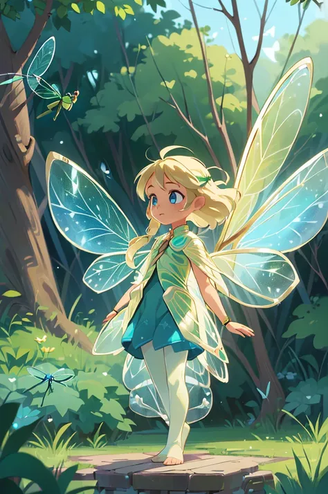 (((fairy, dragonfly wings, transparent wings, solo, girl, ,fantasy clothes,ranger,ranger clothes, blonde hair))), fantay clothes...