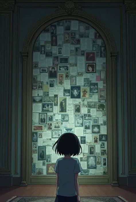 A girl with short hair horrified to see another girl photos on wall and the wall is filled with letters photos and songs playing its a mansion 
Anime