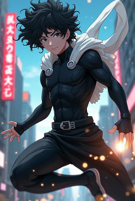 A one punch man character who is a man and is , who has curly, medium-long, black hair and white skin and who has a ninja suit 