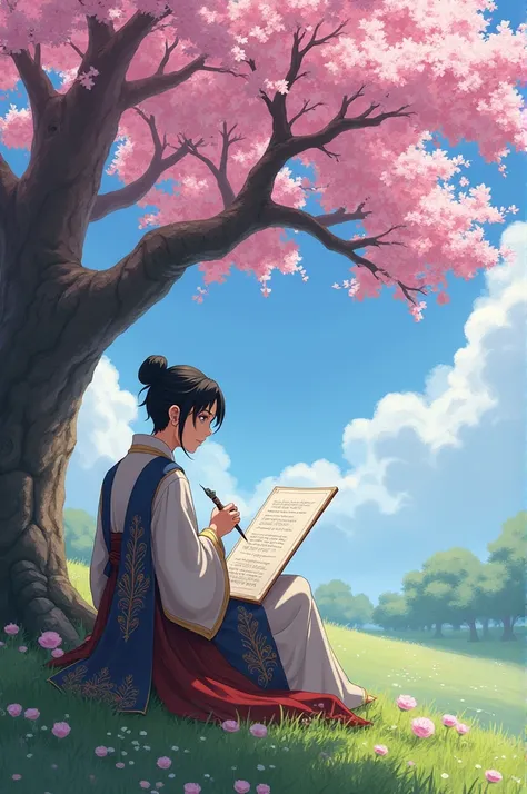 A cool anime style poet in medieval style making a poem next to a beautiful cherry tree 