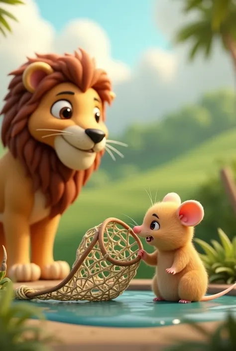 3d soft cartoon "The small mouse arrives at the net and tries to chew it with its sharp teeth, while the lion watches curiously.