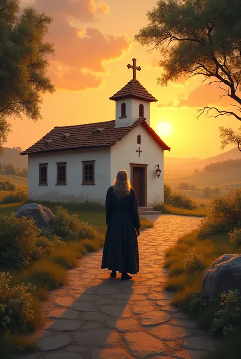 A small colonial church with the sun setting. in the center, A medieval friar praying silently.