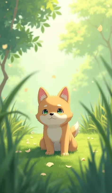 A dog, anime style sitting in the grass with drizzling leafs all over the place ,Makoto Shinkai style lofi artstyle, lofi aesthetic, lofi art, inspired by Liam Wong, lofi feel, in style of makoto shinkai, realism | beeple, ( ( makoto shinkai ) ), beeple st...