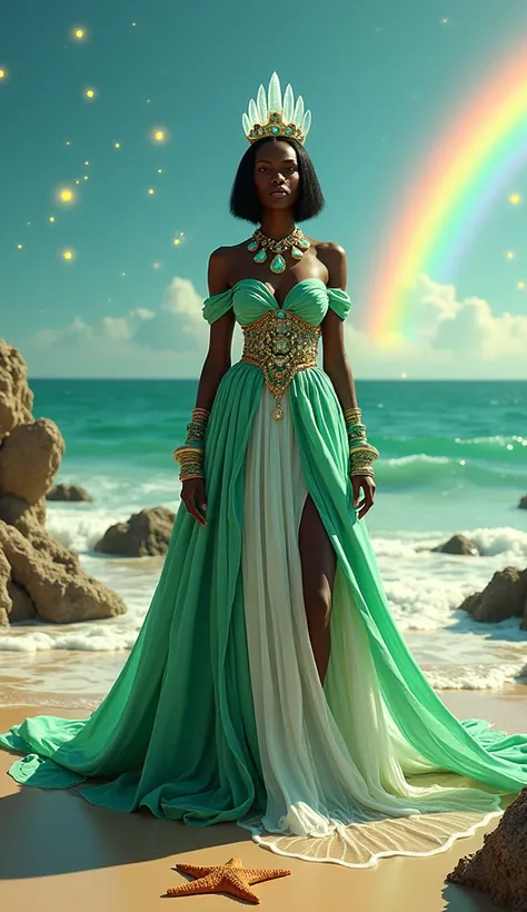 Create a photo of a black African woman, queen, an entity called iemanjá from umbanda with a long water green and white dress, wearing a crystal crown, short black hair on an enchanted beach with fireflies and glowing rocks, sea stars, on a sunny day with ...