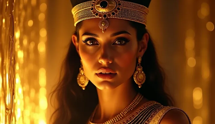 Create an ULTRA REALISTIC image of Cleopatra in the corner of the screen from body to waist, with a powerful and confident expression. She must be adorned with gold jewelry, crowned with an Egyptian diadem, and her eyes outlined in intense black must conve...