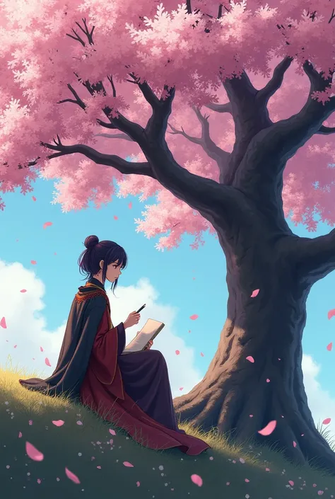 A cool anime style poet in medieval style making a poem next to a beautiful cherry tree that is a man 