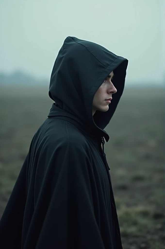  young man with black hood, from coasting towards the horizon
