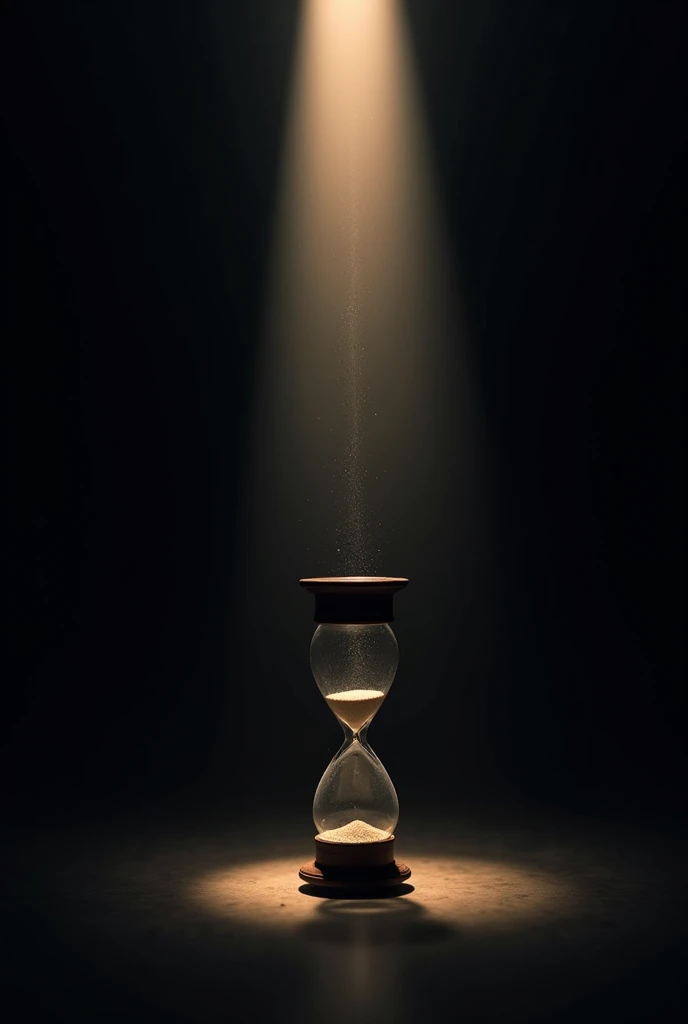 Black background with a light pointing to an hourglass at the bottom, smaller. Let it be for a promotional porter for an evangelistic campaign 