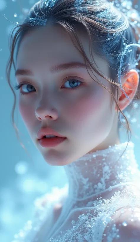 A hyper-realistic, close-up digital portrait of a woman wearing a crystalline ice suit, her glowing, pearly skin shimmering under soft light. Her skin is transparent, with a crystalline structure that reflects light in a delicate, ethereal way. The futuris...