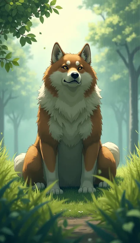 A realistic anime style  bigdog, anime sitting in the grass with drizzling leafs all over the place ,Makoto Shinkai style lofi artstyle, lofi aesthetic, lofi art, inspired by Liam Wong, lofi feel, in style of makoto shinkai, realism | beeple, ( ( makoto sh...