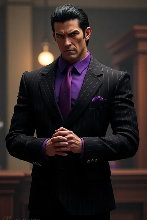 Kazuya Mishima character from the game Tekken wearing a black and purple suit