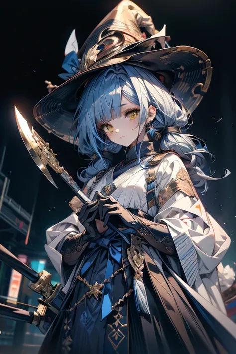 master piece、best quality、ultra detailed、highres、watercolor painting、slim、young girl、fair skin、low twintails、Indigo hair、Depressive facial expressions、Yellow eyes、Indigo and white witch clothes、Indigo Witch Hat、cowboy shot、from below, look at viewer, looki...