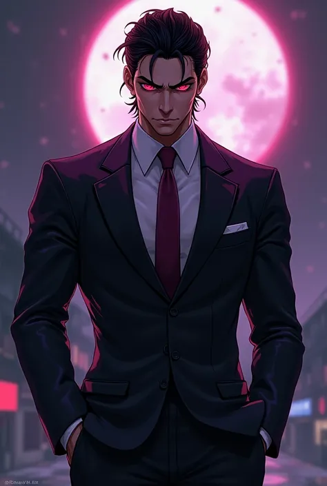 Kazuya Mishima character from the game Tekken wearing a black and purple suit (More anime face)