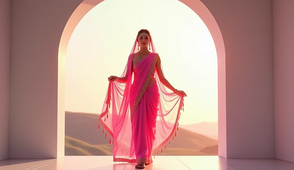 (photorealism:1.2), lord Laxmi Devi entering into my house happily to bless ,pink saree, leg silper, standing hill, white brackgound