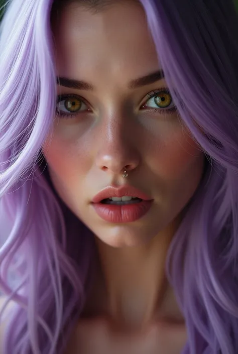 a hot woman, lilac colored hair, beautiful and with big golden eyes, with full lips, looking at me very closely, asking for sex.