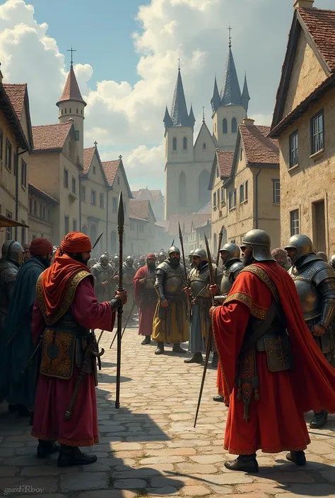 Scene from a medieval town, with Muslim soldiers facing Christians