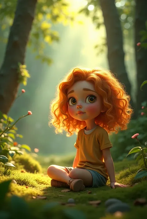 A 8 years  girl with curly golden small haires sitting alone in the forest ,hd, Pixar quality, animated 3d....