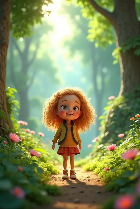 A 8 years  girl with curly golden small haires playing alone in the forest ,hd, Pixar quality, animated 3d....