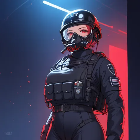 1 girl,gas mask that covers the entire face,black uniform special knew,light body armor,helmet with night vision equipment,somewhere in a dark room,holds the radio on his chest,small tactical backpack,great,detail,small details,dimly lit room with red ligh...