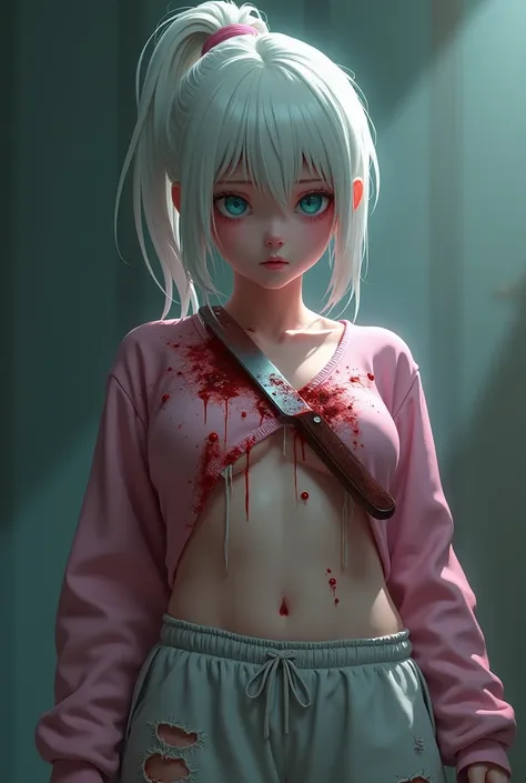 A girl, white hair, ponytail, bangs, light blue eyes, expression of pain, crying, sadness, bleeding, knife stuck in her chest, mutilated, injured, dying, a lot of blood, full body, wearing tight light gray sweatpants , pink sweatshirt, torn clothes, medium...