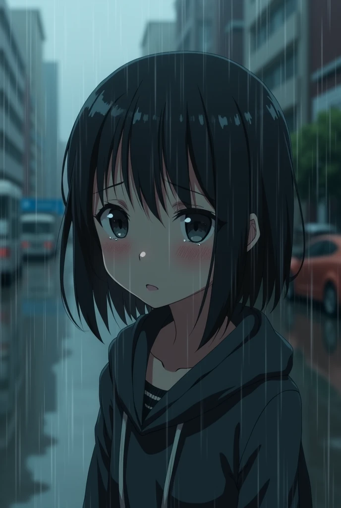 Sad character in heavy rain crying anime
